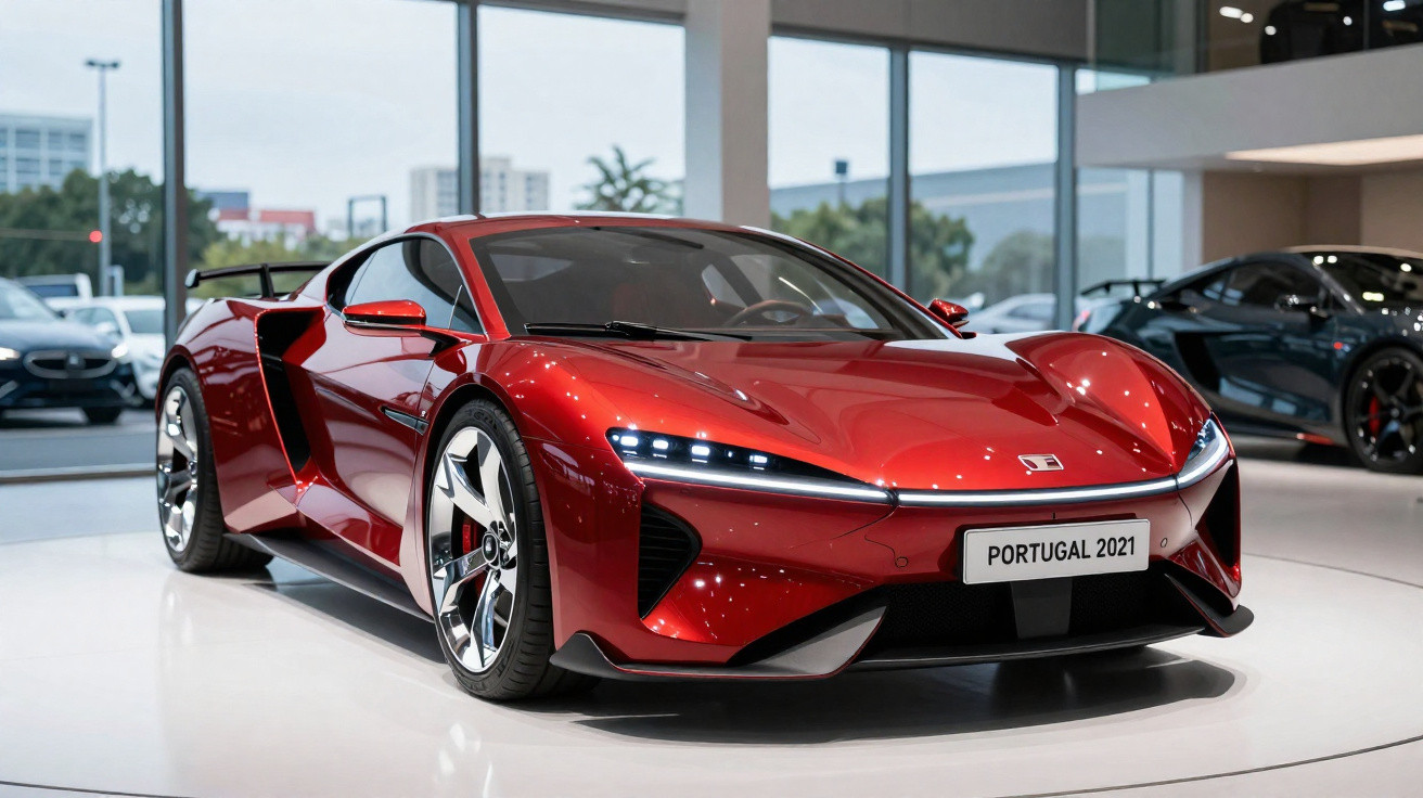 Shiny red sports car with sleek design and LED headlights displayed indoors with Portugal 2021 plate.