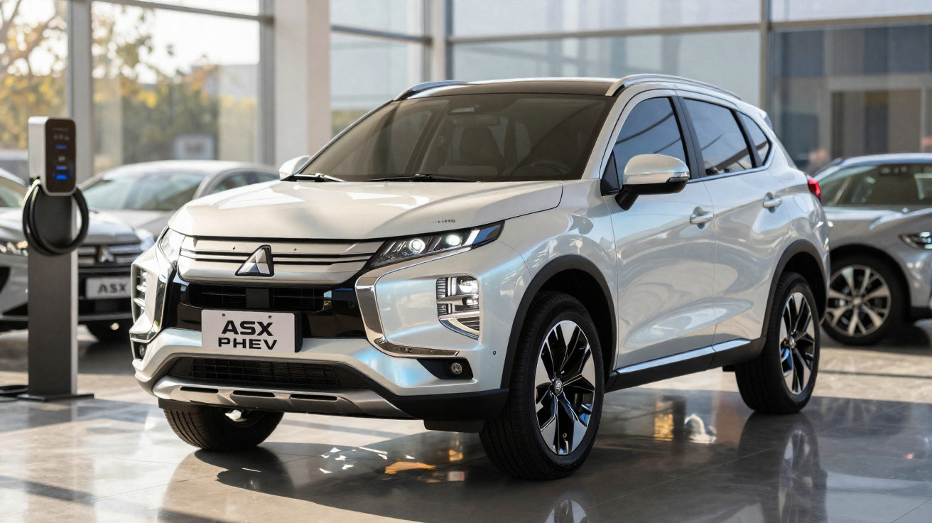 Silver Mitsubishi ASX PHEV SUV on display inside a showroom with a charging station nearby.