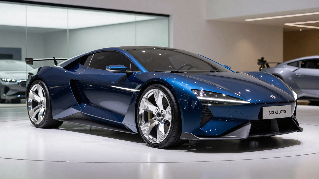 Sleek dark blue sports car with modern design and large shiny alloy wheels displayed indoors.