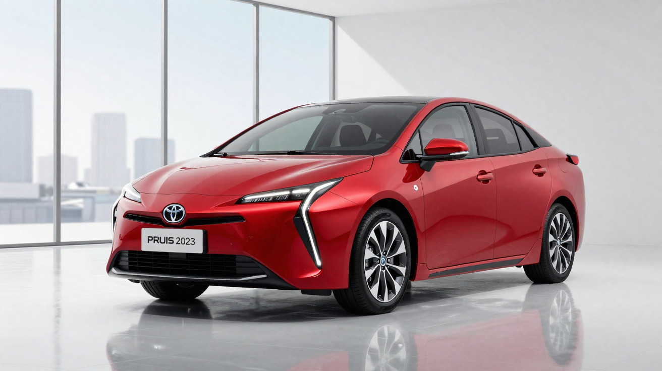 Red 2023 Toyota Prius hybrid car in a bright, modern showroom with large windows and city skyline outside.
