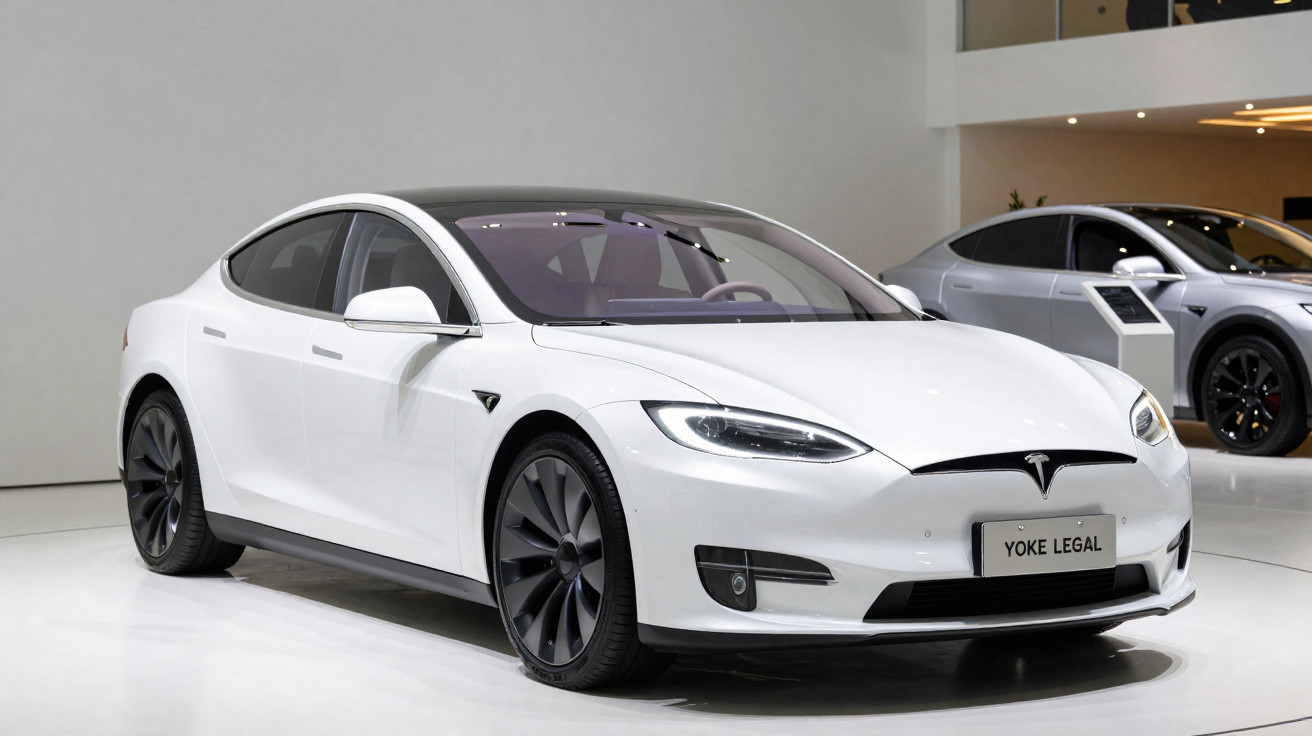 White Tesla electric car Model S displayed indoors with black alloy wheels and panoramic roof.