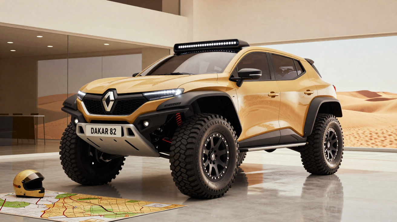 Yellow Renault Dakar 82 off-road SUV with large tyres and roof light bar in a modern showroom.