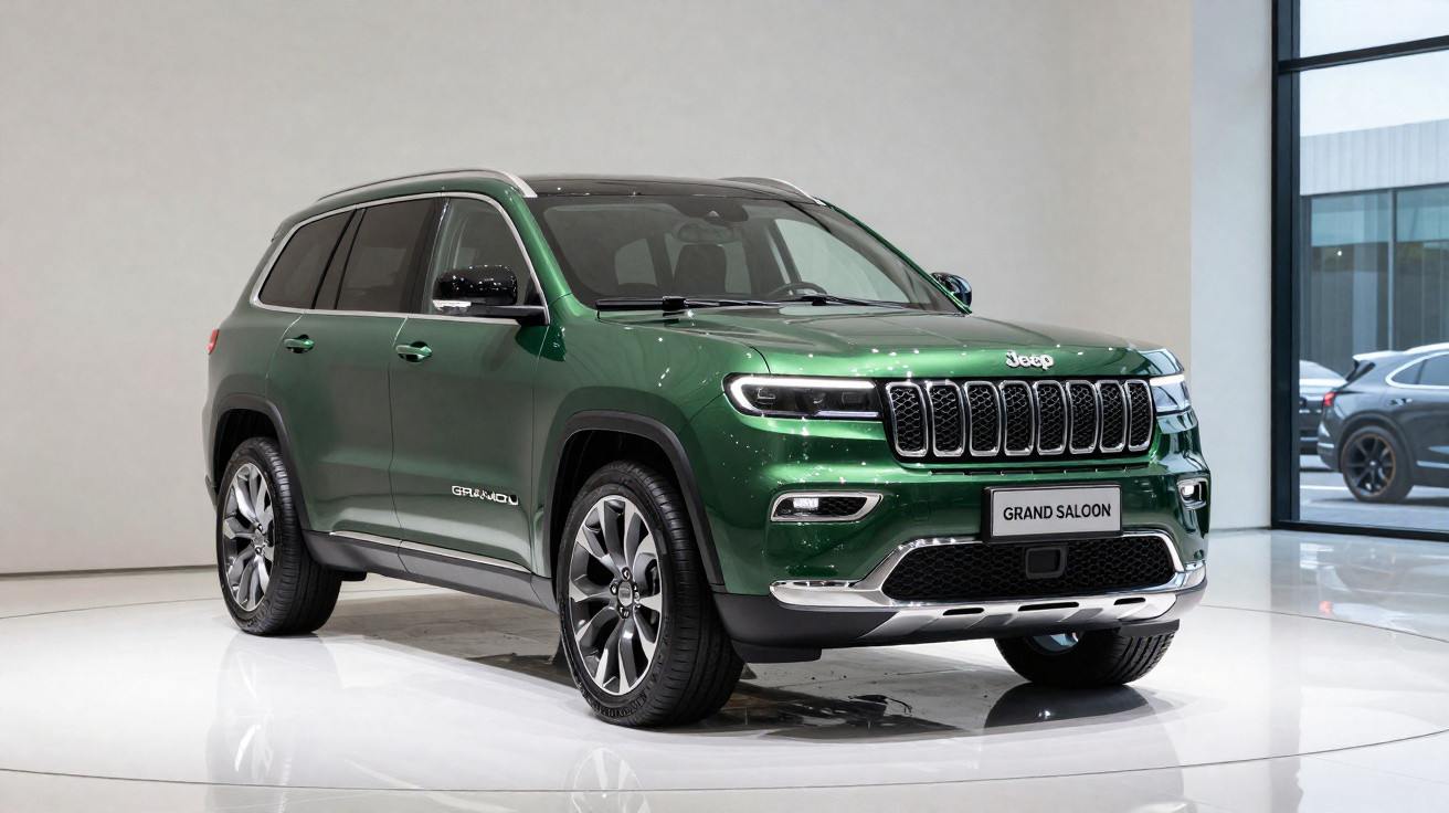 Green Jeep Grand Saloon SUV displayed indoors on a glossy white floor with large windows in the background.