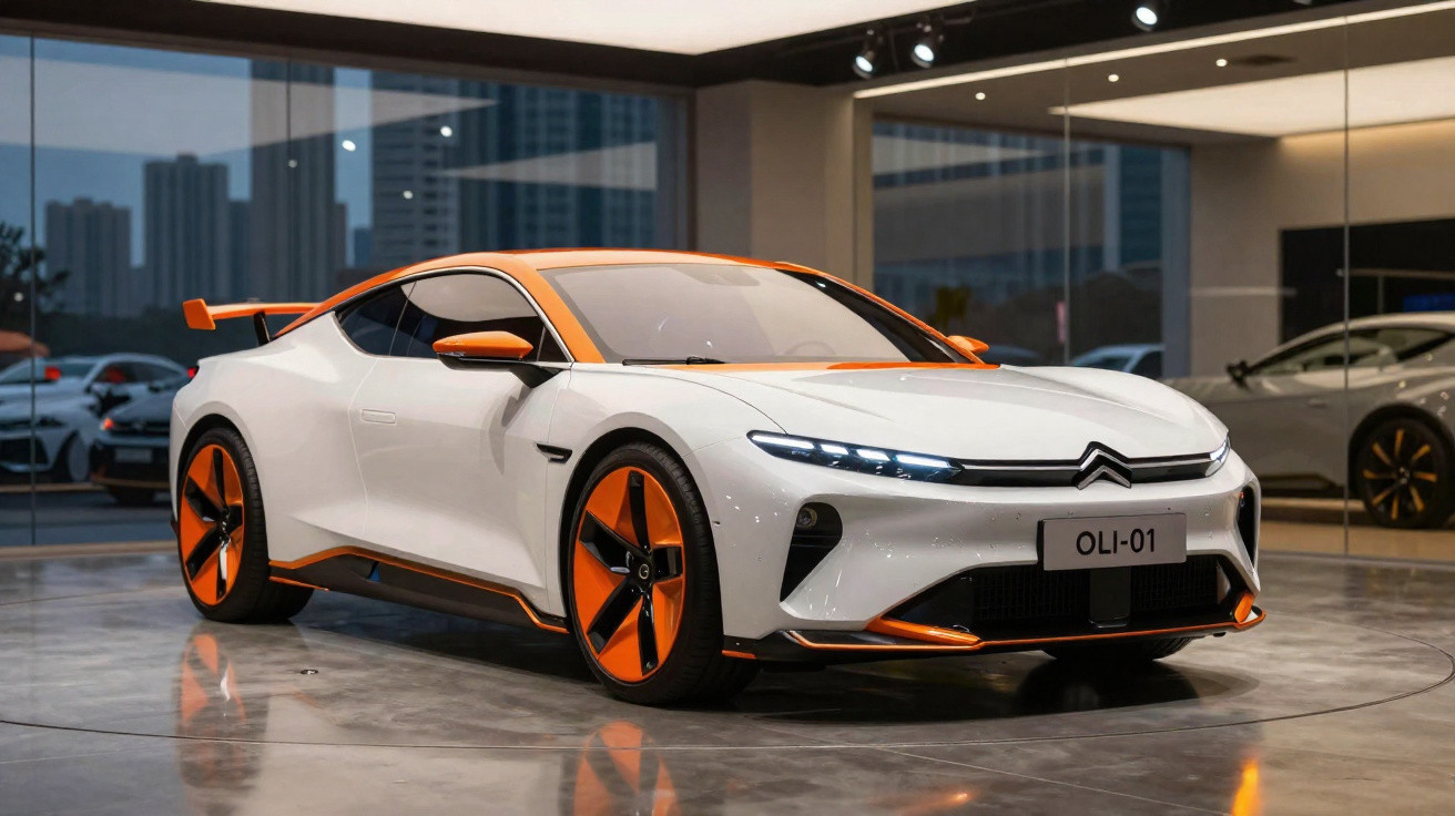 White and orange Citroën OLI-01 electric sports car displayed in a modern showroom with reflective floor.