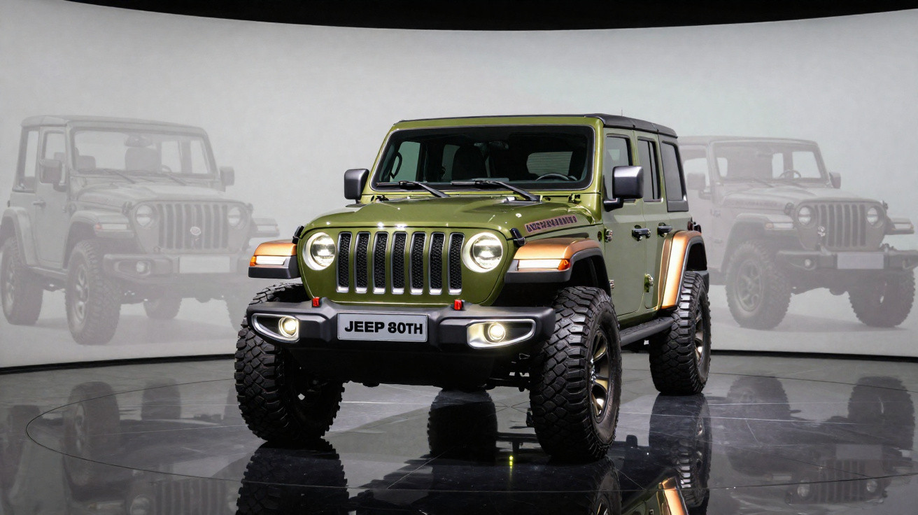 Green Jeep Wrangler with off-road tires displayed indoors with reflections and faded Jeep images in the background.