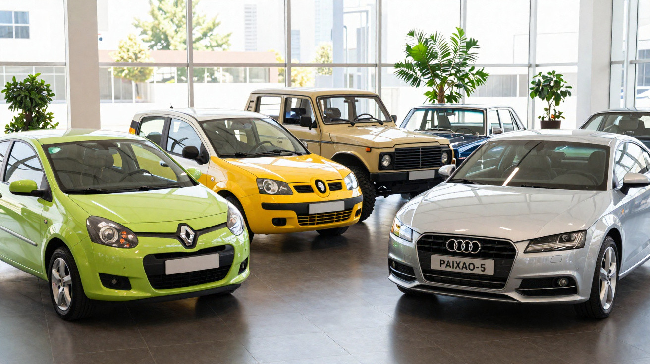 Variety of cars including green Renault, yellow compact, beige SUV, and silver Audi displayed in a showroom.