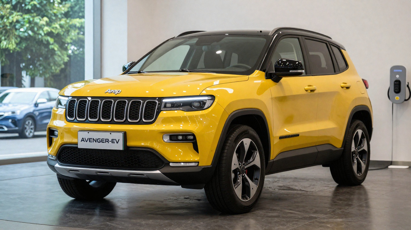 Yellow Jeep Avenger-EV electric SUV displayed indoors with charging station in background.