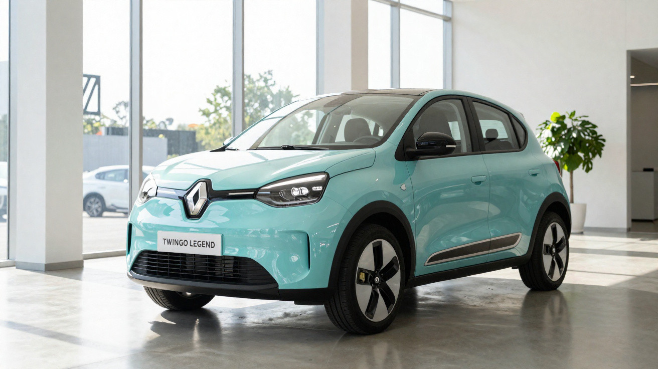 Light blue Renault Twingo Legend hatchback displayed in a bright showroom with large windows and a potted plant.