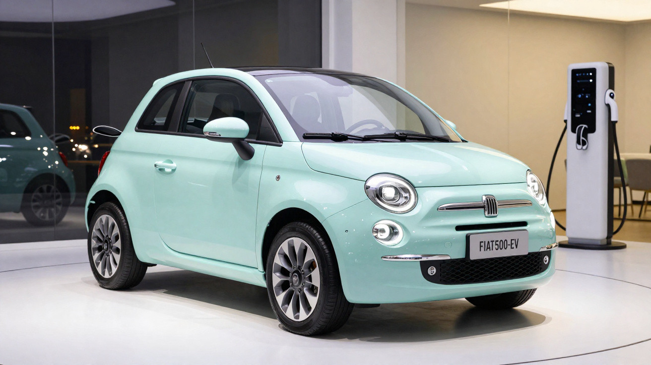 Mint green Fiat 500 electric car parked indoors next to an electric charging station.