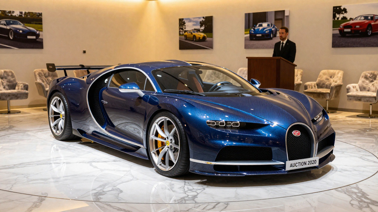 Blue Bugatti Chiron sports car displayed at an indoor auction event with paintings and a man at a podium.