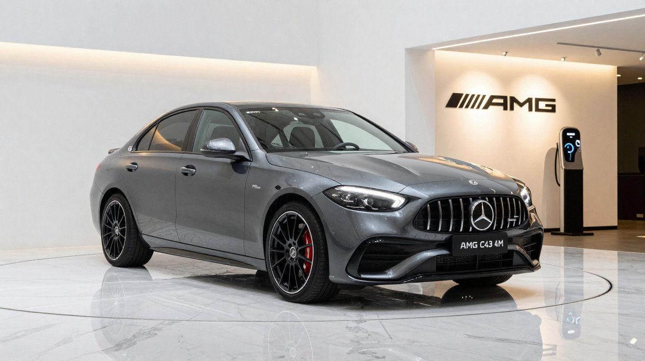 Grey Mercedes-Benz AMG C43 4MATIC sedan displayed in showroom with AMG branding and charging station.