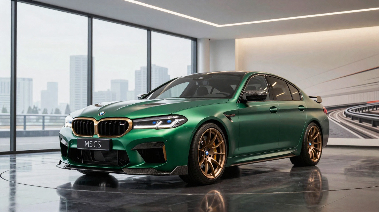 Green BMW M5 CS sports car with gold rims displayed in a modern showroom with city skyline windows.