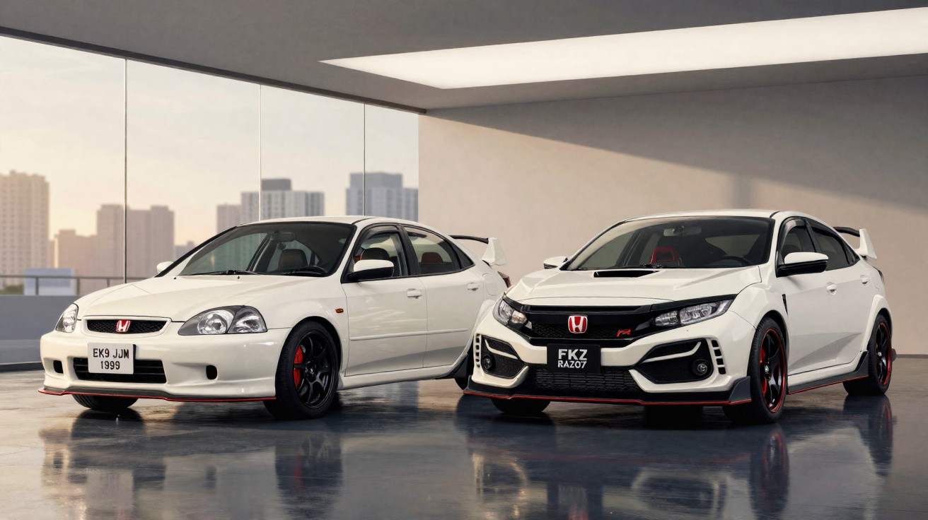 Two white Honda sports sedans, one classic 1999 model and one modern model, parked indoors with city view.