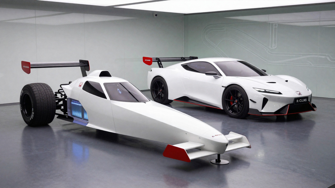 Two sleek white Honda electric racecars, including a Formula-style and a modern sports car, displayed in a showroom.