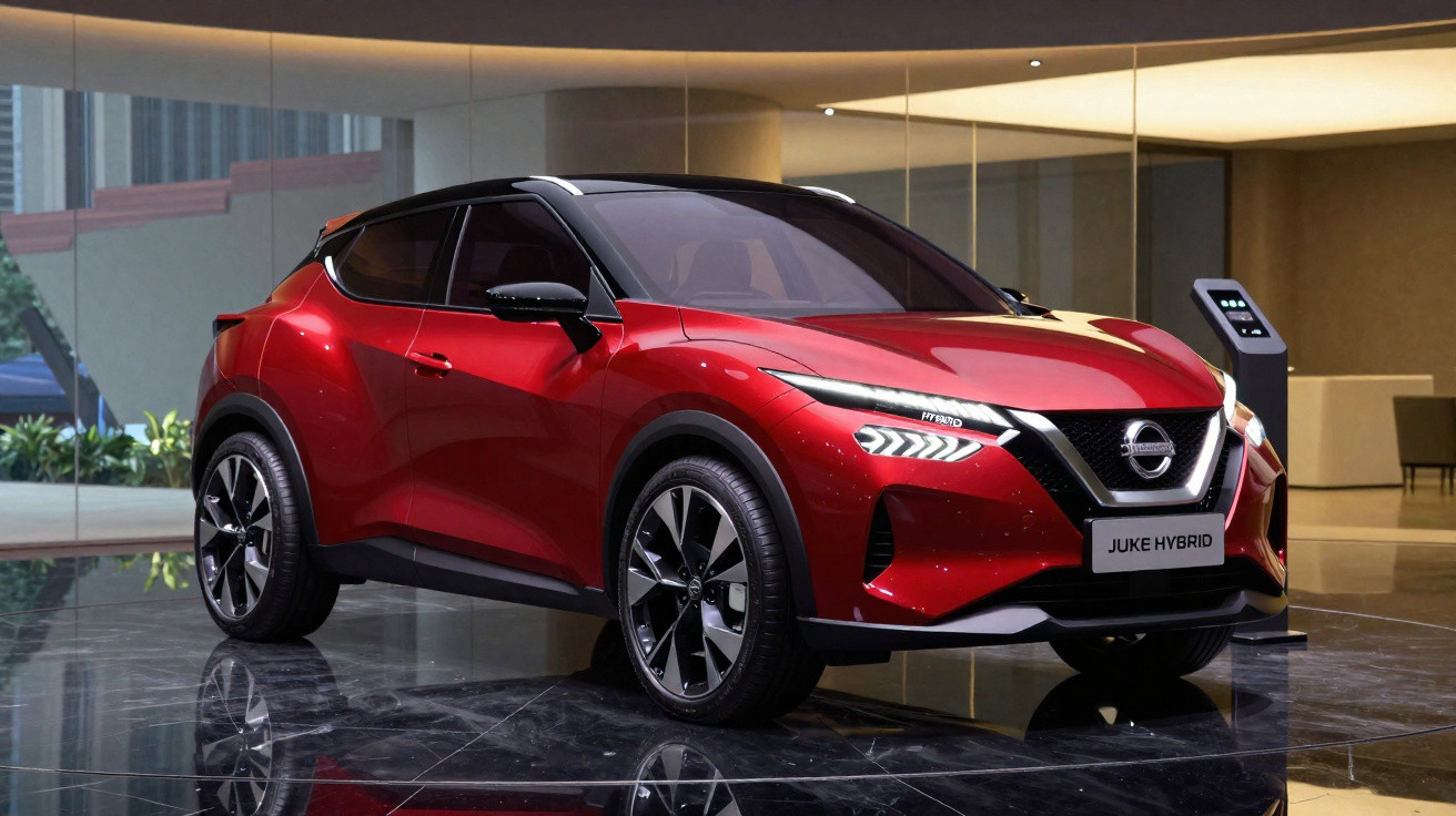 Red Nissan Juke Hybrid car on display indoors with modern lighting and reflective floor.