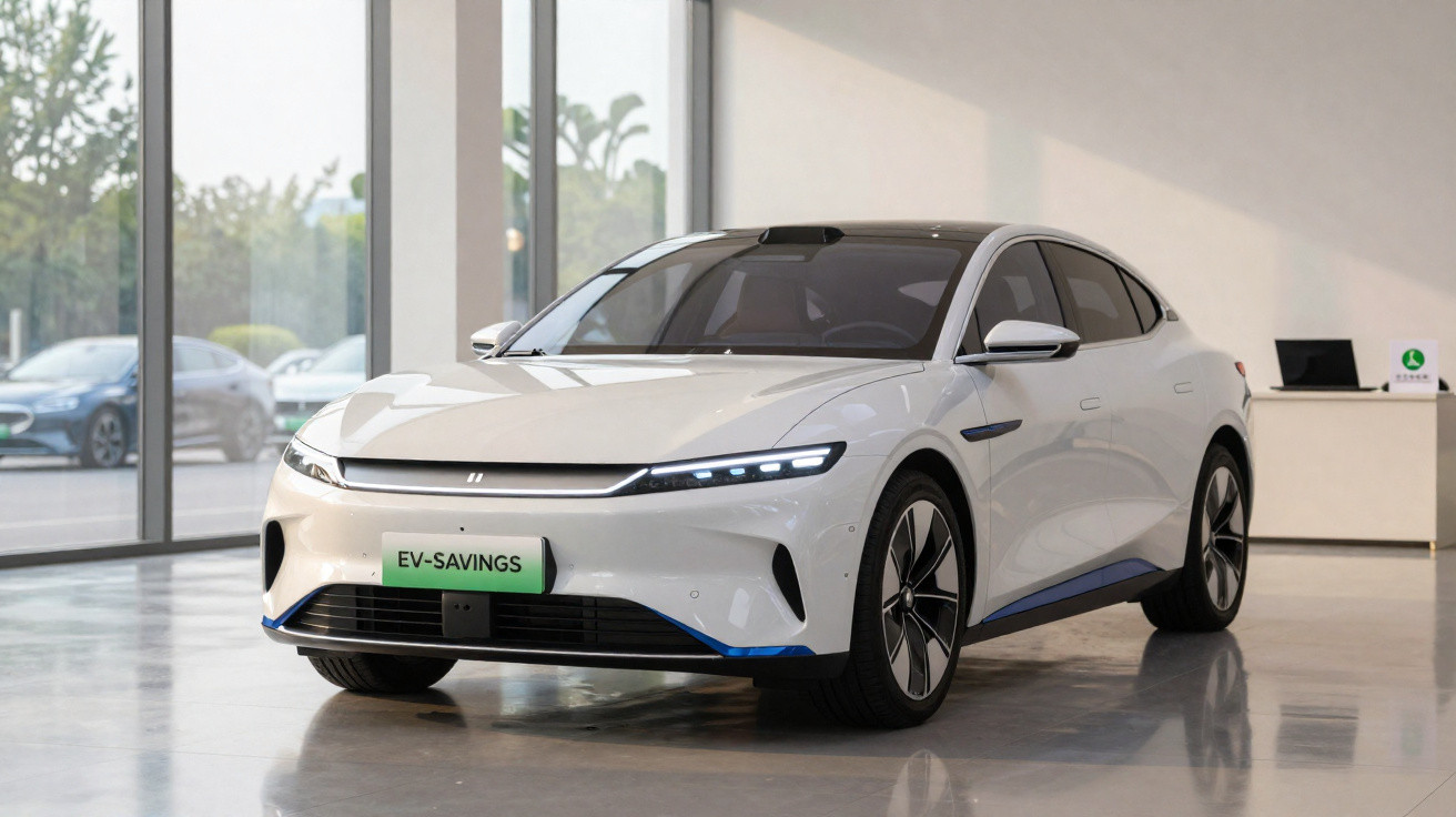 White electric sedan with sleek design displayed in a showroom with large windows and a green EV-Savings plate.