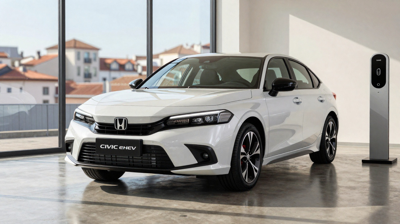 White Honda Civic e:HEV parked indoors next to a sleek EV charging station with city buildings visible outside.