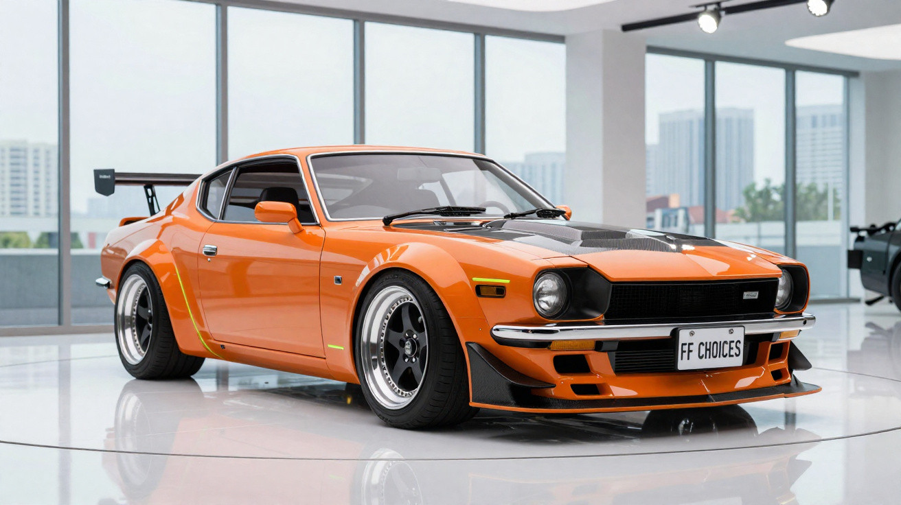 Orange vintage sports car with black hood and wide rear wing, displayed indoors with large windows.