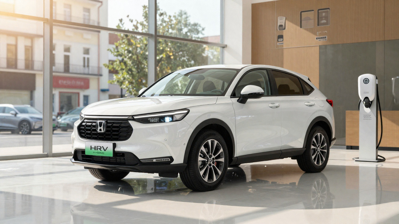 White Honda HR-V Hybrid SUV parked indoors beside an electric vehicle charging station