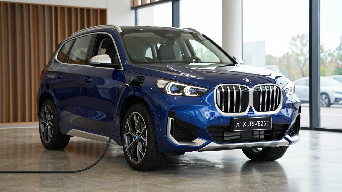 Blue BMW X1 electric SUV charging indoors with cable plugged into front side port.