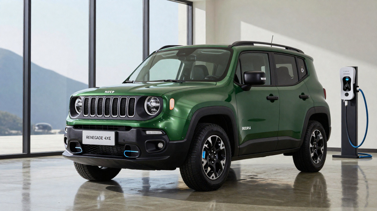 Green Jeep Renegade 4xe electric SUV parked indoors next to a charging station with large windows in background.