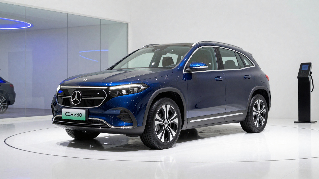 Blue Mercedes-Benz EQA 250 electric SUV displayed indoors on a white platform with a charging station nearby.