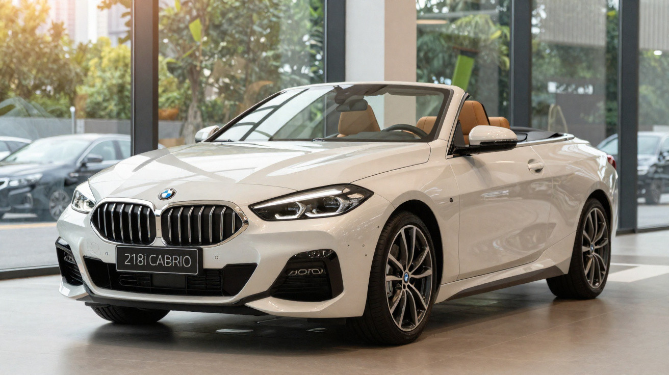 White BMW 218i Cabrio convertible car displayed indoors with sunlight and trees visible outside.