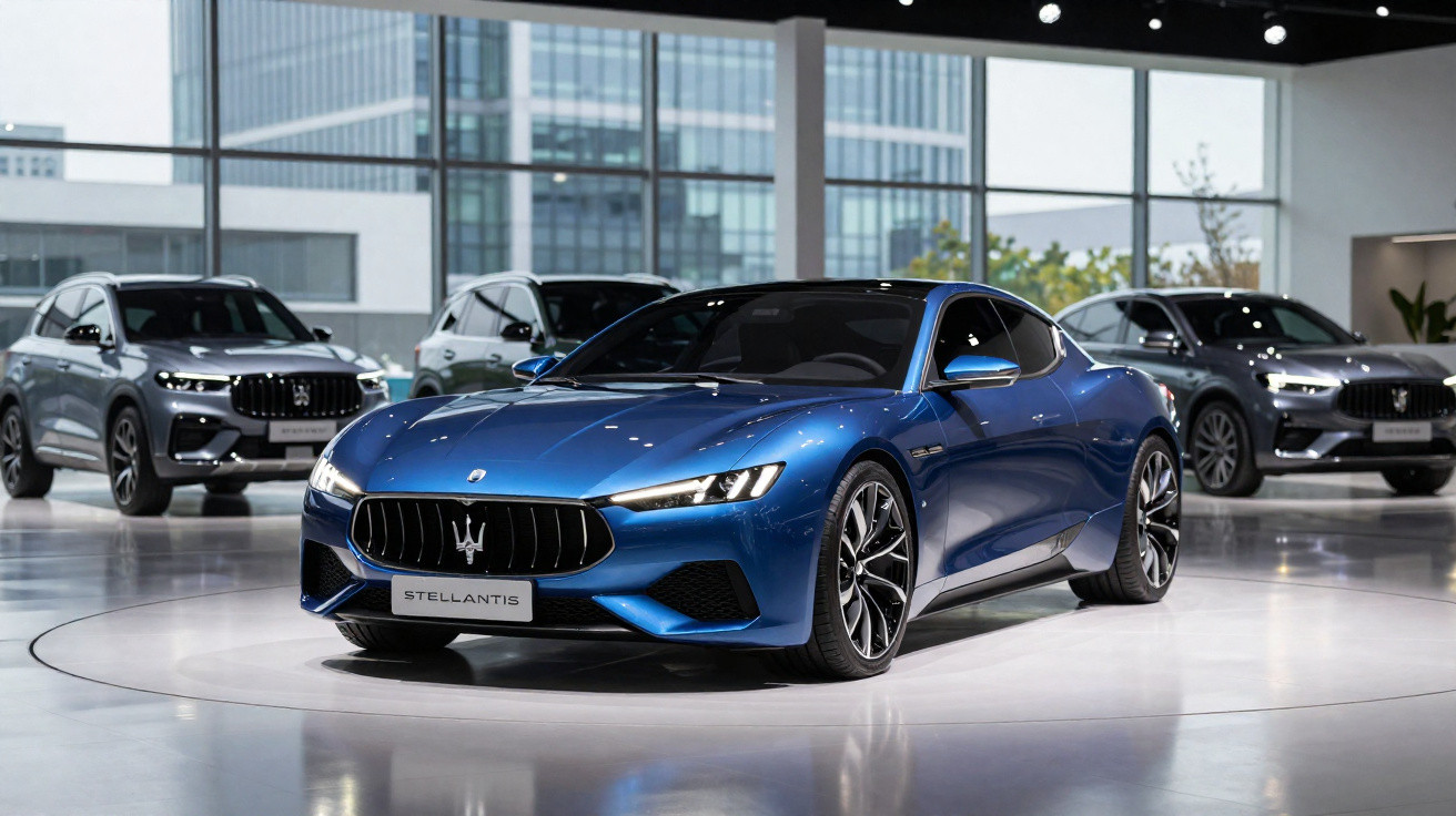 Blue Maserati sports car on showroom floor with cityscape windows and SUVs in background