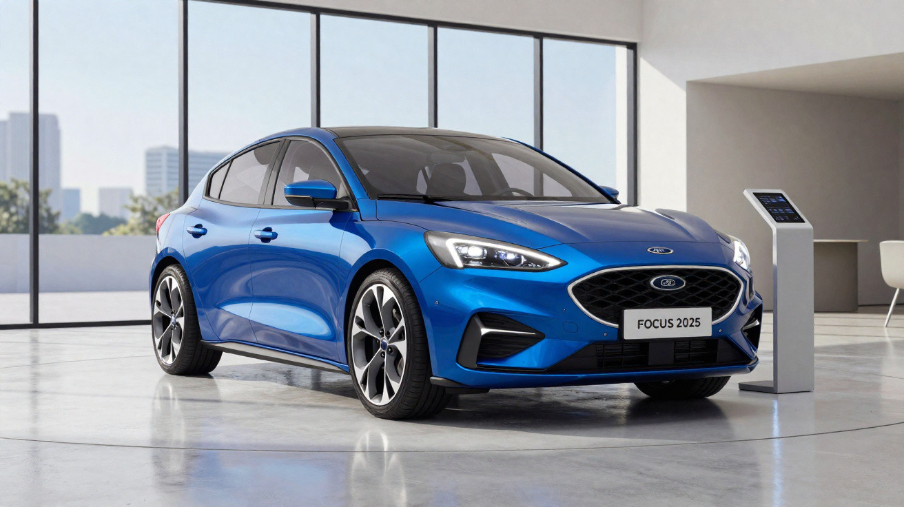 Blue 2025 Ford Focus hatchback displayed in a modern showroom with large windows and polished floor.
