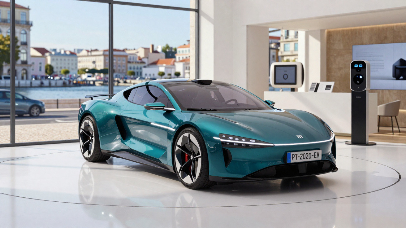 Sleek green electric sports car displayed in a bright showroom with cityscape visible through large windows.