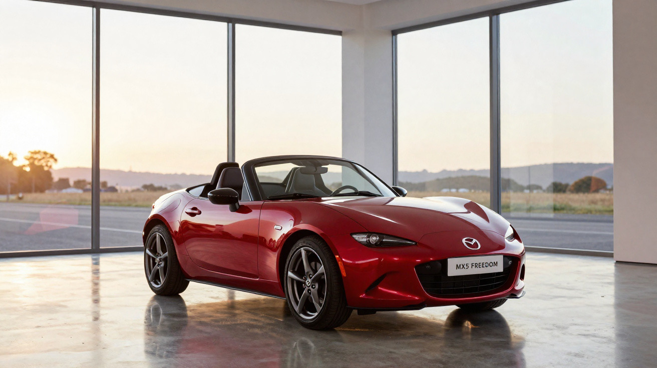 Red Mazda MX-5 convertible sports car displayed indoors with large glass windows and sunset outside.