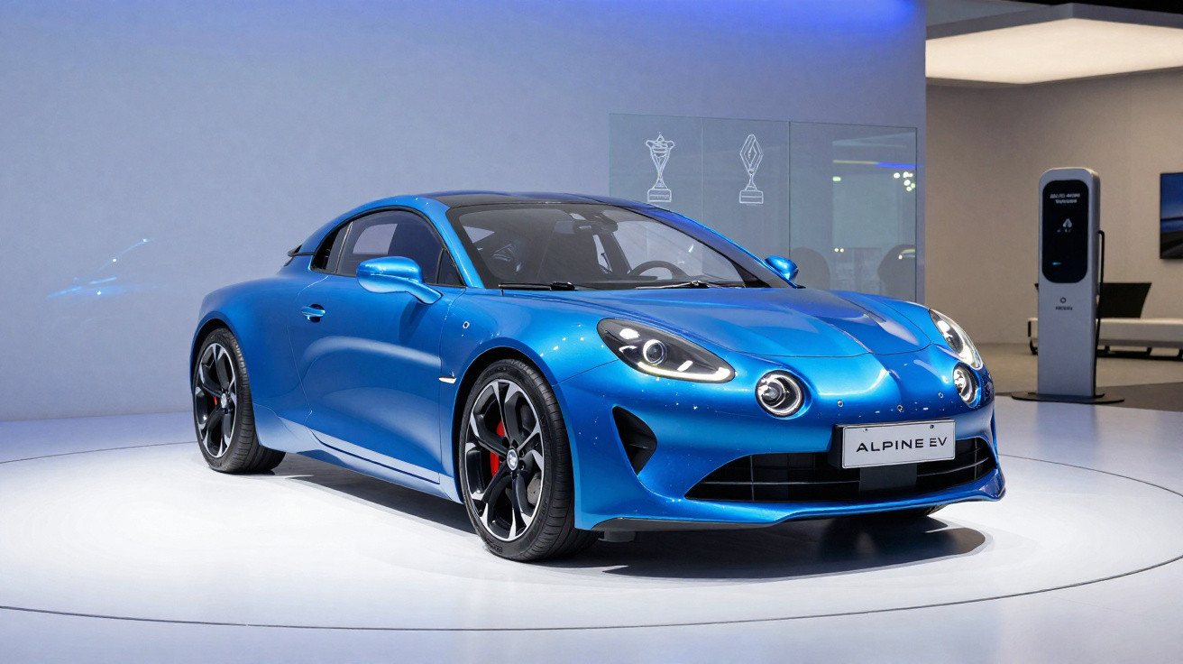 Blue Alpine EV sports car on display in a modern showroom with sleek design and black roof.