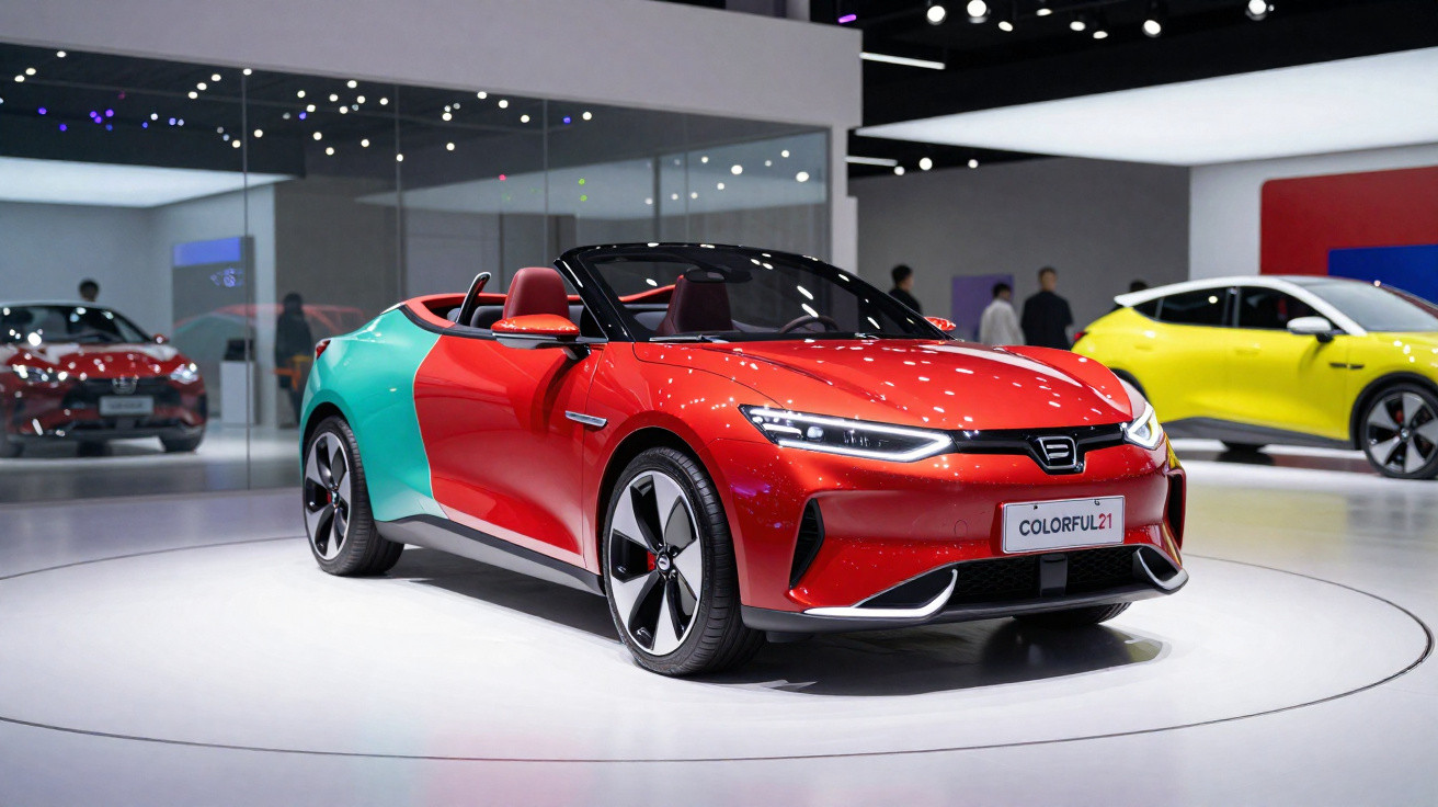 Red and turquoise convertible electric car on display in a showroom with other vehicles in the background