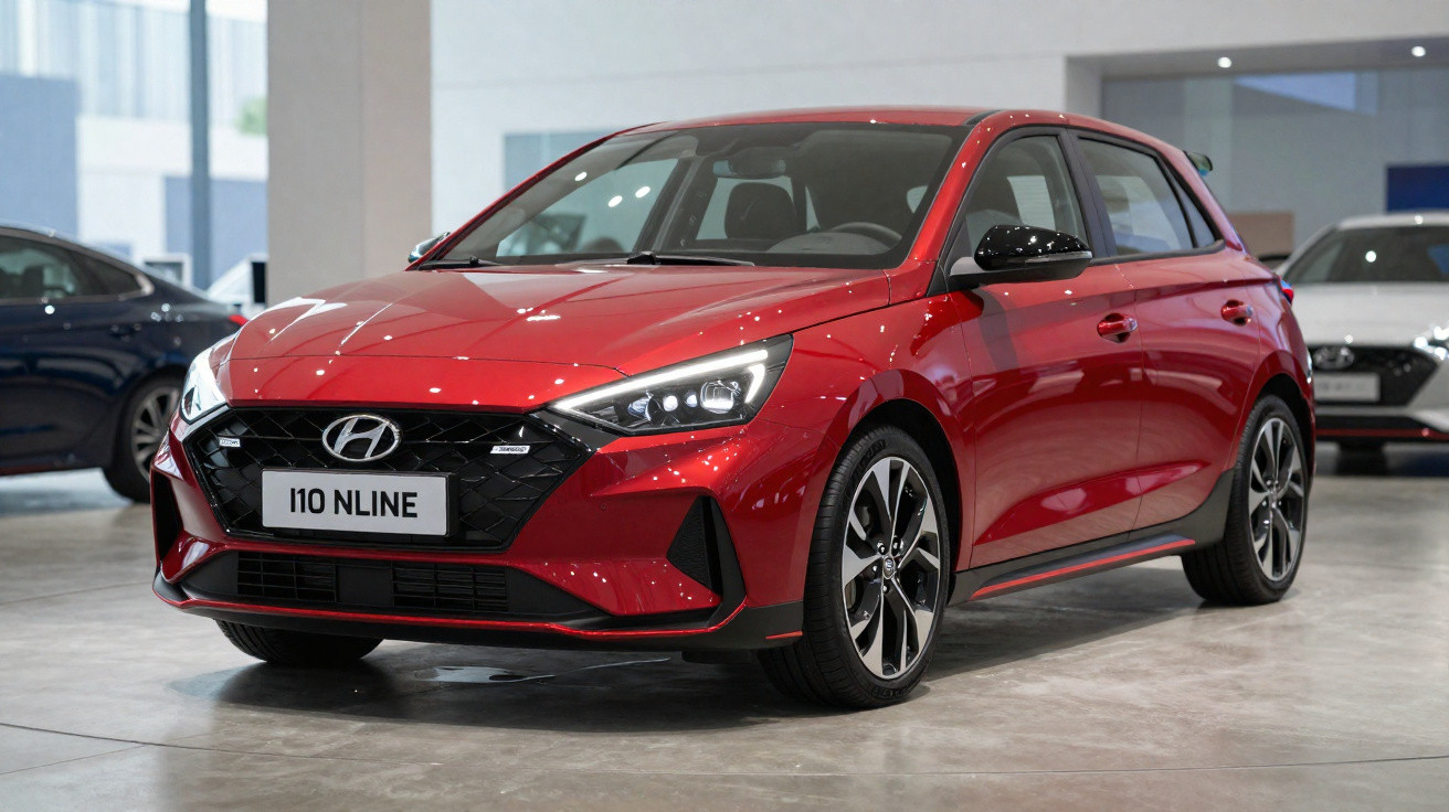 Red Hyundai i10 N Line hatchback displayed indoors with alloy wheels and LED headlights.