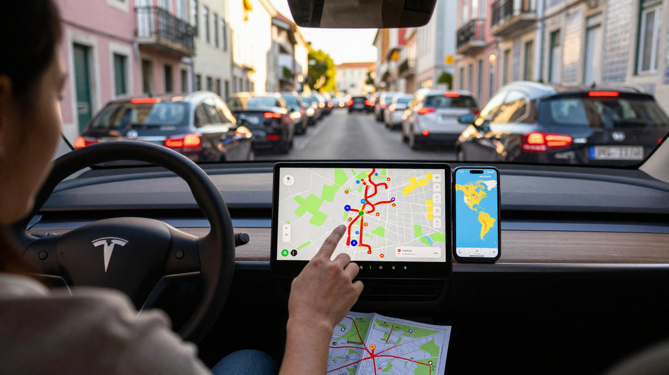 Person using touchscreen navigation on Tesla dashboard with smartphone map in a busy city street.