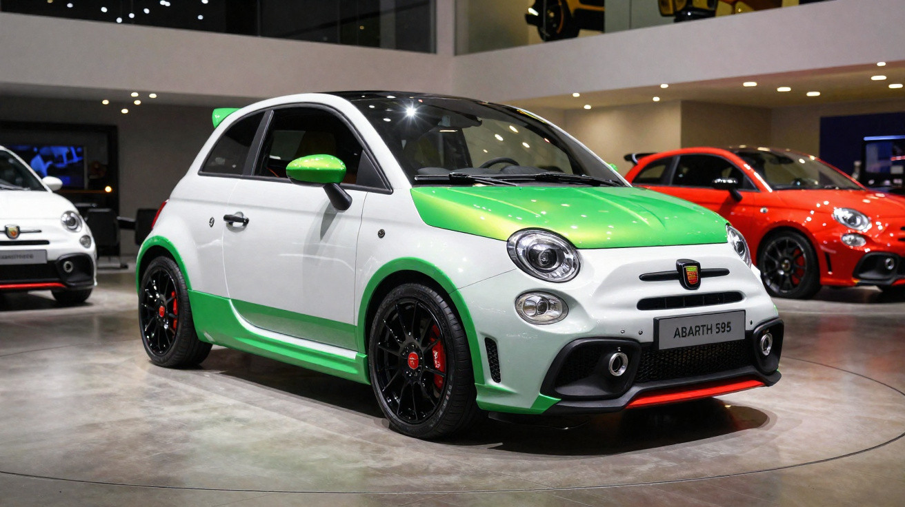 White and green Abarth 595 car with black alloy wheels displayed indoors with other cars in the background.