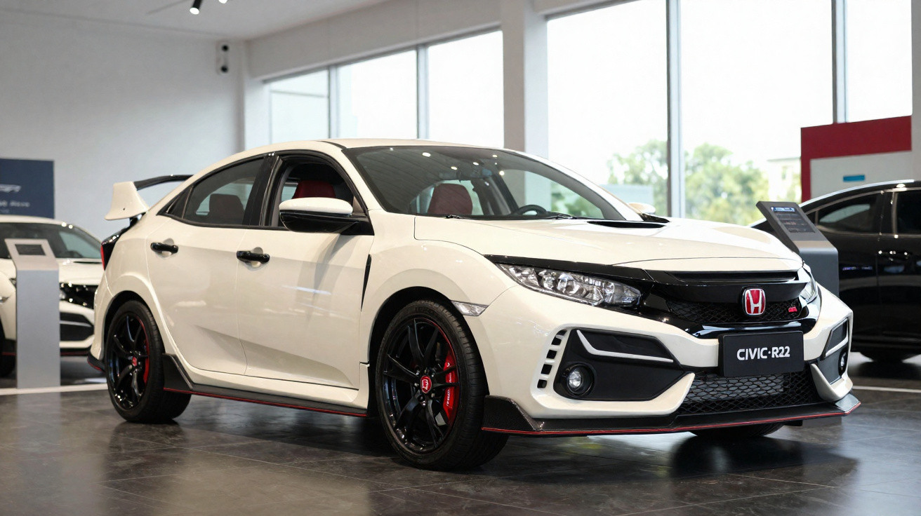 White Honda Civic Type R sports car with black and red accents displayed in a showroom.