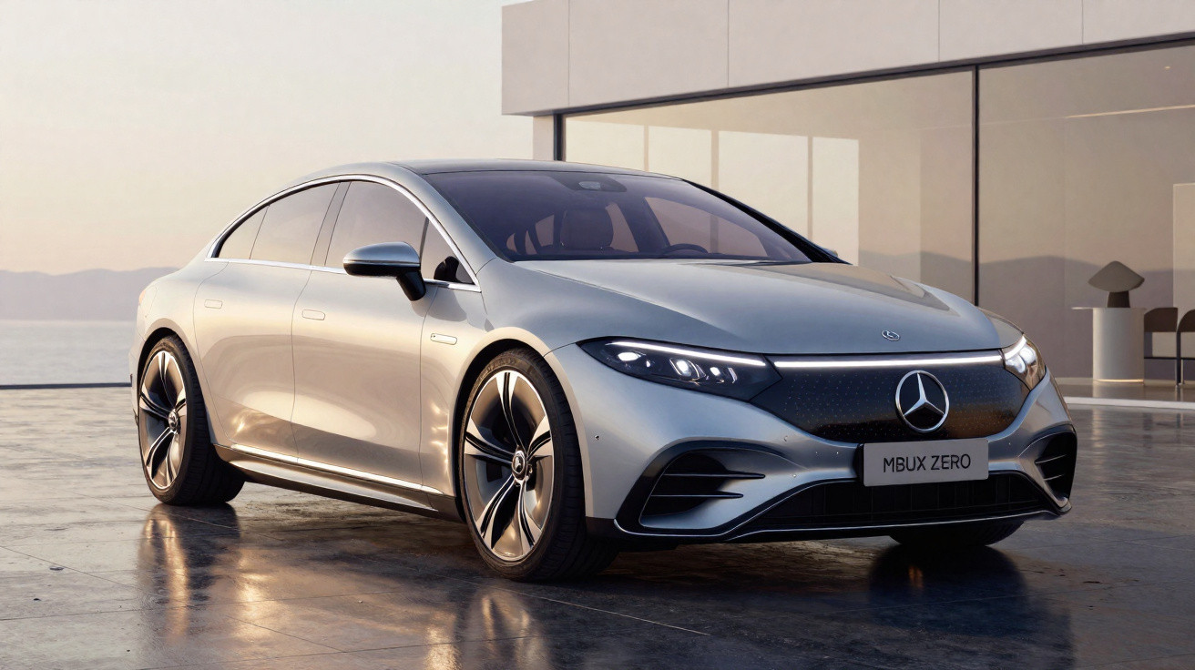 Silver Mercedes-Benz electric sedan parked outside a modern glass building at sunset.