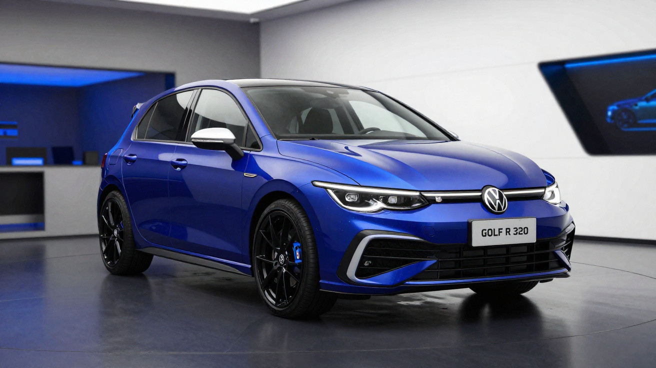 Blue Volkswagen Golf R 320 hatchback displayed indoors with black alloy wheels and modern headlights.
