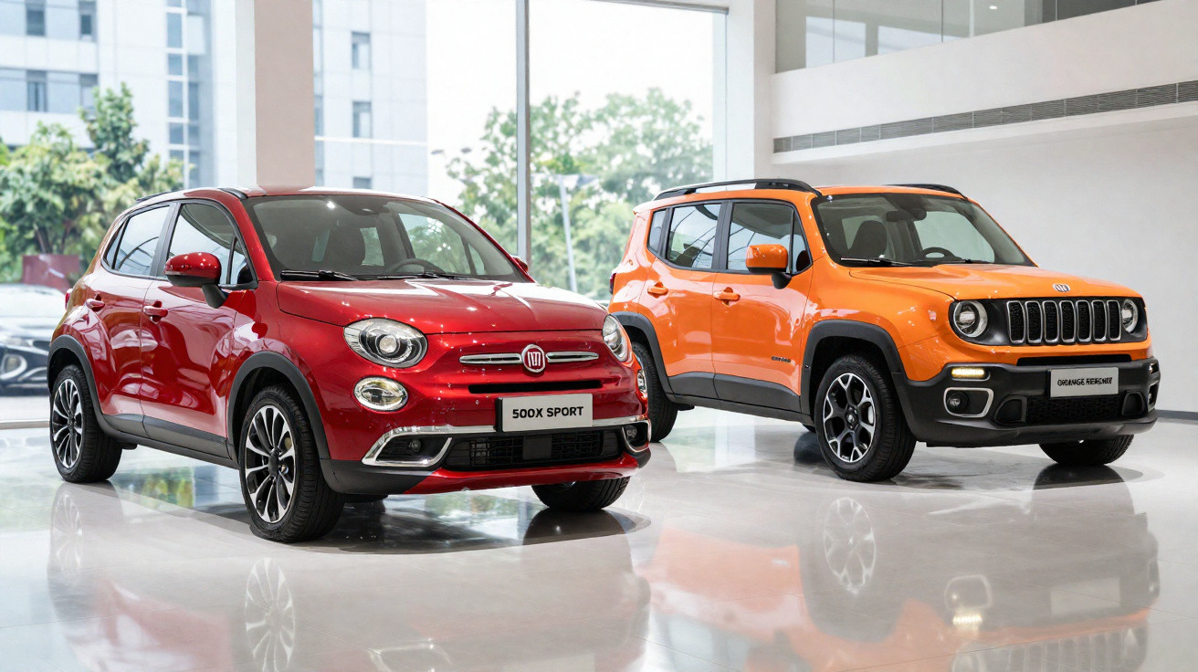 Red Fiat 500X Sport and orange Jeep Renegade SUVs showcased in a bright, modern showroom.