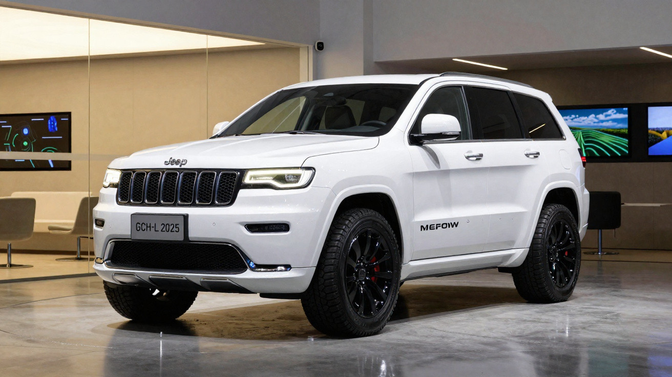 White Jeep SUV with black wheels parked indoors on polished concrete floor under bright lighting.