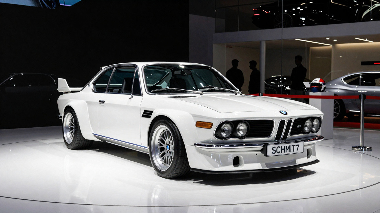 White classic BMW coupe displayed on a glossy white platform at an auto show.
