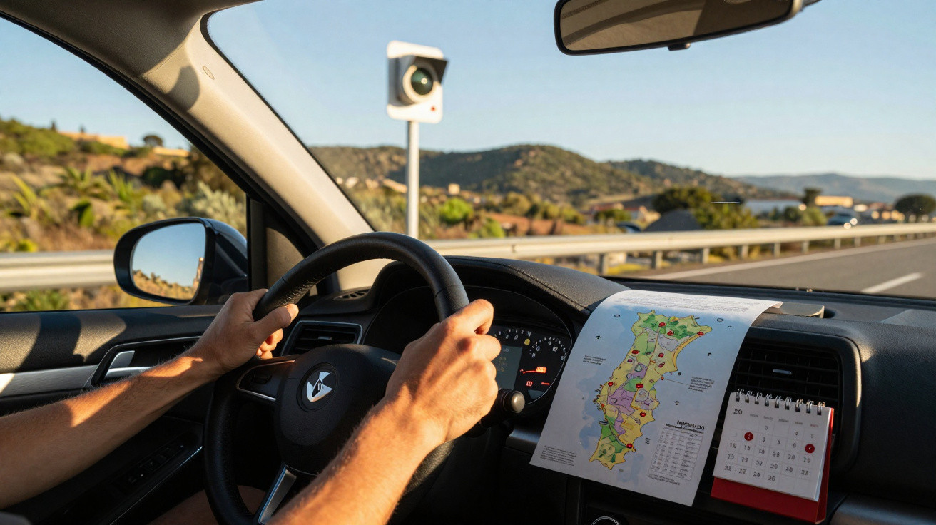 Person driving a car on a sunny road with a map and calendar attached to the dashboard.
