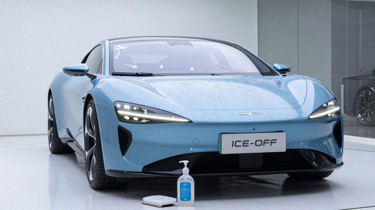 Blue electric sports car with licence plate reading ICE-OFF, displayed indoors with hand sanitizer and cloth on floor.