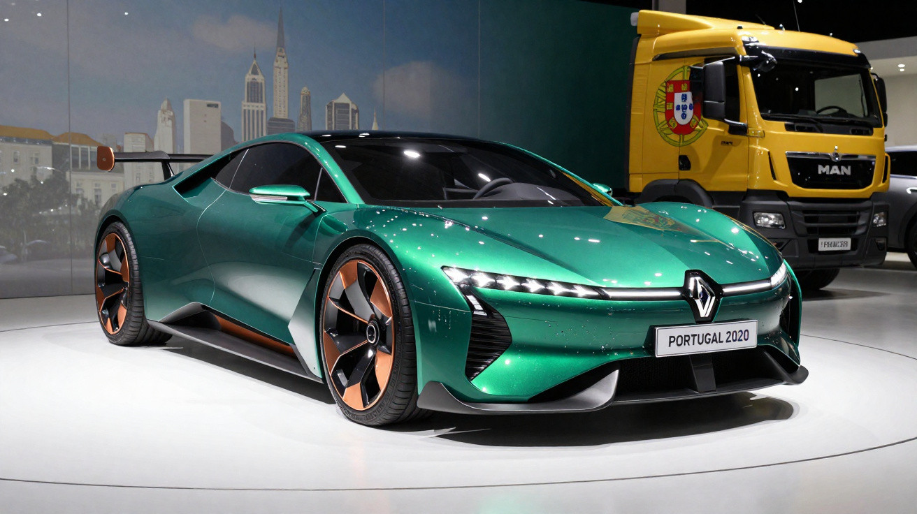 Green Renault concept sports car with futuristic design displayed indoors, yellow MAN truck in background.