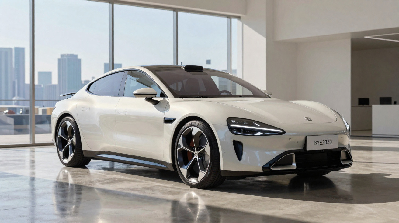 White sleek electric sports car displayed in modern showroom with city skyline through large windows.