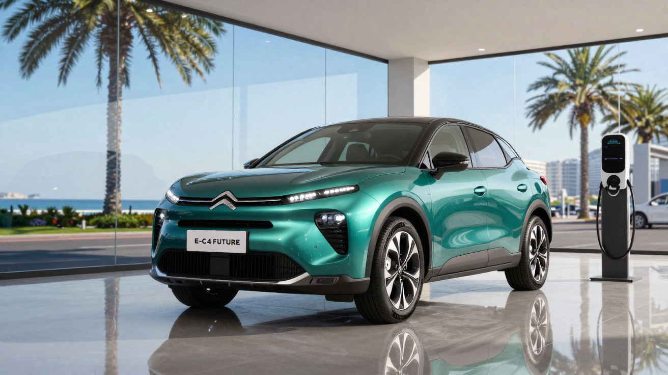 Green Citroën E-C4 Future electric car displayed indoors next to a charging station with palm trees outside.