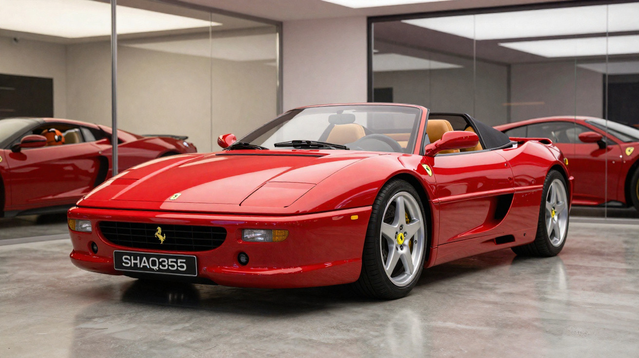 Red Ferrari convertible sports car parked indoors with mirrored walls and another red car reflection visible.