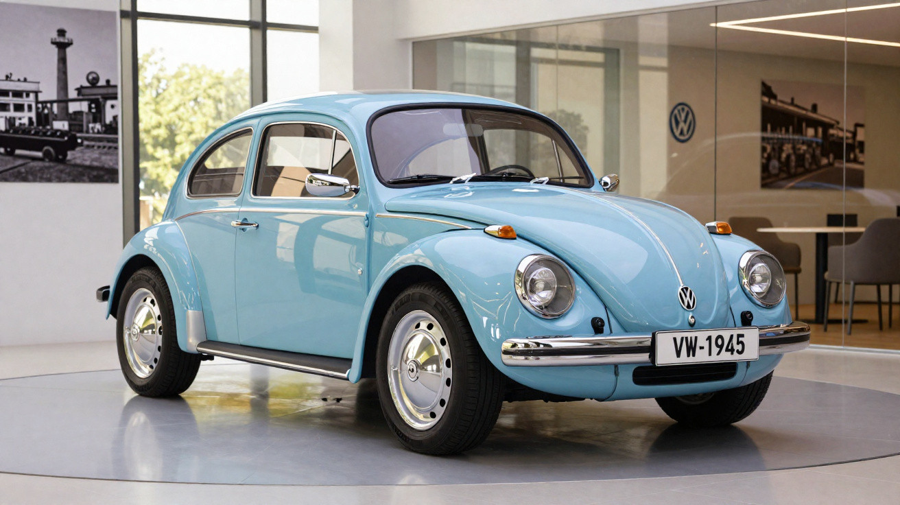 Light blue 1945 Volkswagen Beetle displayed indoors on a round platform with glass windows behind.