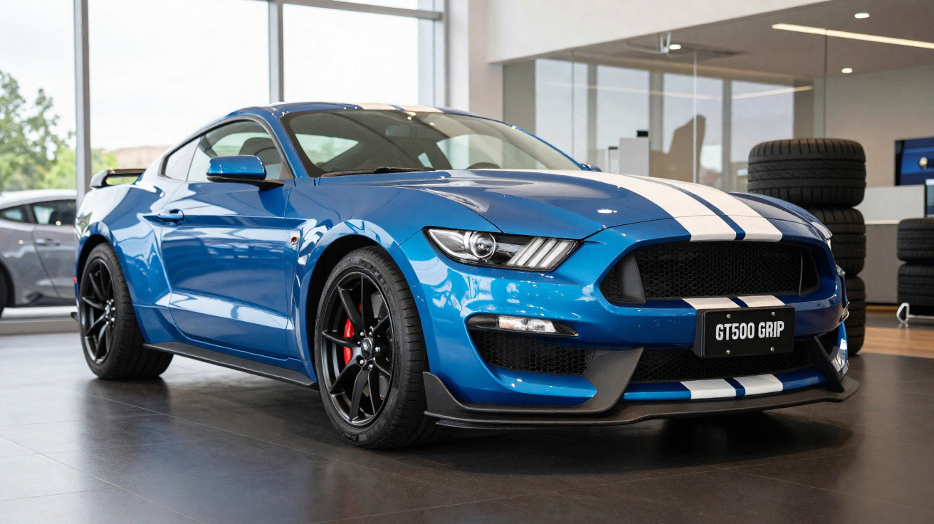 Blue Ford Mustang GT500 Grip with white racing stripes parked indoors near stacked tyres